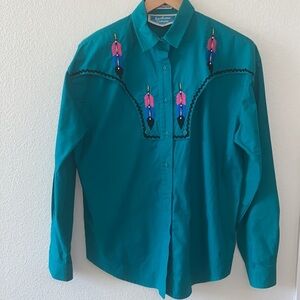 Southwest Canyon Turquoise Western Rodeo Shirt Embroidered Beaded Sz Medium
